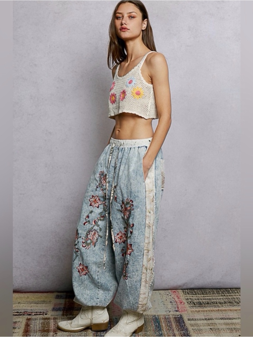 POL Light Blue Embroidered Wide-Leg Pants with Side Panel
